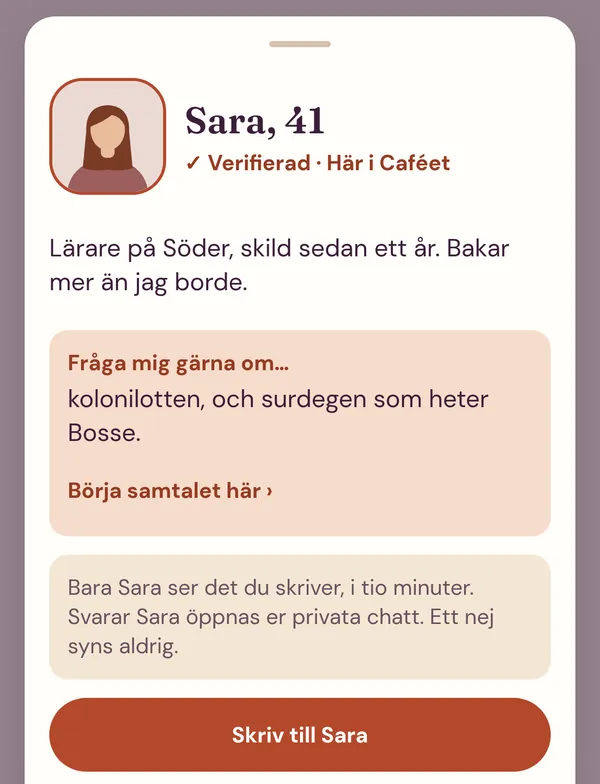 Ett personkort i Minglemingle med profilsvar och knappen Skriv till.